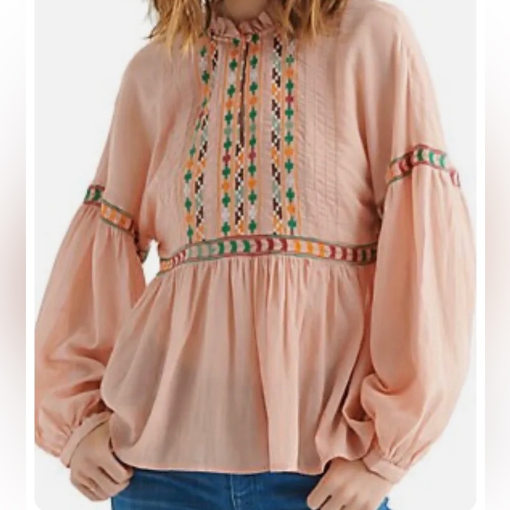🏷️ LUCKY BRAND Embroidered Bib Peasant Boho Breezy Lightweight Blouse S Peach